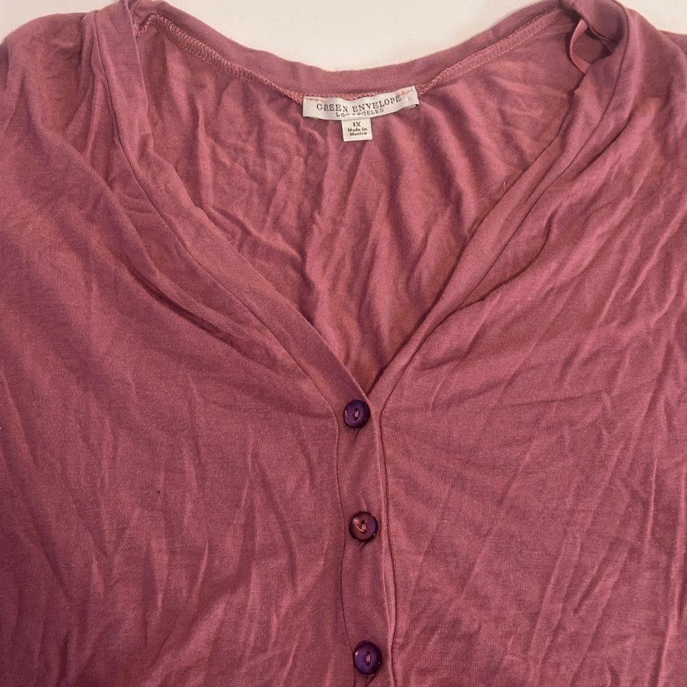 Green Envelope Mauve Button Tie Blouse - Picture 3 of 9